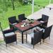 7 Pieces Outdoor Patio PE Rattan Wicker Dining Table & Chairs Set, Acacia Wood Tabletop & 6 Cushioned Chairs