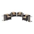 Noble House Puerta Outdoor Wicker 4 Seater Club Chair Set with 4 C Shaped Tables