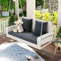 2-Person Wicker Hanging Porch Swing Outdoor Rattan Swing Bench with Hanging Chains and 2 Pillows Wicker Hanging Swing Chair with Soft Seat Cushion for Outdoor Garden Backyard Pond Gray-White