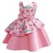 Loopsun Girls Party Dresses V-Neck Sleeveless Floral Printing Satin Bowknot Flower Decoration Midi Dress Pink