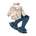 Cute Summer Toddler Girls Outfits Set Pants Suit Denim Flare Pants Suit Printed One Line Shoulder Clothes Two Piece Set For 9-18 Months