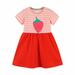 Toddler Baby Girls Summer Cotton Dress Round Neck Strawberry Printing Dresses Stripe Tops Splice Color Short Sleeve Dress