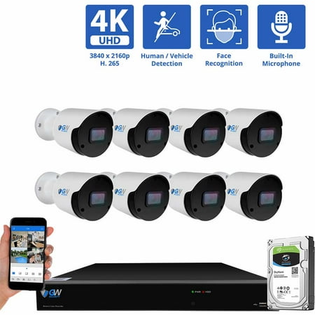 GW Security 8 Channel NVR UltraHD 4K Face/Human/Vehicle Detection PoE Security Camera System with 8 x 4K (8MP) IP Microphone AI Bullet Camera 100ft Night Vision Outdoor/Indoor Surveillance Camera