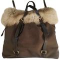Prada Brown Canvas Fox Fur Trim Tote Bag Size M