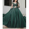 Robe de Soirée en Dentelle Verte Émeraude pour Mariage Tenue de Princesse Manches sulf Col