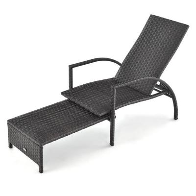 Costway Patio Chaise Lounge Outdoor Rattan Lounge Chair with Retractable Ottoman