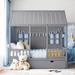 Full Wood House Bed with Twin Trundle, Wooden Daybed Frame with Roof and Window, Bedroom Furniture for Kids, Teenss, Grey