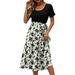 Women s Casual Short Sleeve Mid Length Dresses Waist Tie O-Neck Patchwork Dot Printing Business Dresses White_001 XL