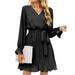 Women Casual Wrap V Neck Long Sleeve Tie Waist Swing Pleated Wedding Guest Dress