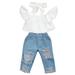 Sunisery Toddler Baby Girl 2 Piece Denim Outfits Off Shoulder Short Sleeve Shirt Crop Tops Jeans Long Pants Summer Fall Set