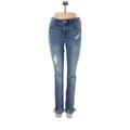 Express Jeans Jeans - Mid/Reg Rise Skinny Leg Denim: Blue Bottoms - Women's Size 4 - Distressed Wash