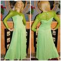 Vintage 20S 30S Green Mesh Trim Button Back Midi Maxi Evening Dress 8 10 S 1930S Drop Waist 1920S