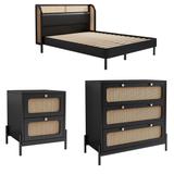 3 Pieces Rattan Queen Bed with 1 Nightstand and 1 chest