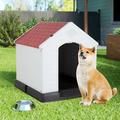 Plastic Dog House 32 inch Large Dog Houses for Small to Large Dogs All Weather Indoor Outdoor Doghouse with Base Support for Winter Tough Durable House Red