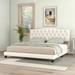 King Size Upholstered Platform Bed with Linen Curved Button-Tufted Headboard and Center Support Legs