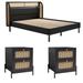 3 Pieces Modern Rattan Platform Queen Bed and 2 Nightstand Set