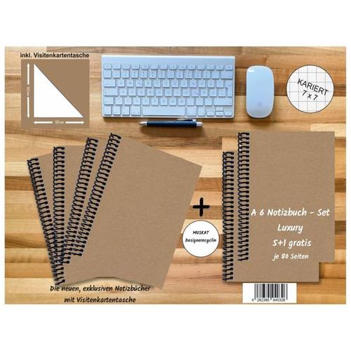 A 6 Notizbuch – Set, 4+2 gratis, Luxury 80 Seiten MUSKAT Designerecycling, kariert 7x7mm