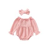Thaisu 0-2Y Baby Girls Knitted Romper Set Solid Color Long Sleeve Off-shoulder Pleated Romper with Hairband Fall Outfit