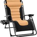 Oversized Padded Zero Gravity Chair Folding Outdoor Patio Recliner XL Anti Gravity Lounger for Backyard w/Headrest Cup Holder Side Tray Outdoor Polyester Mesh - Tan
