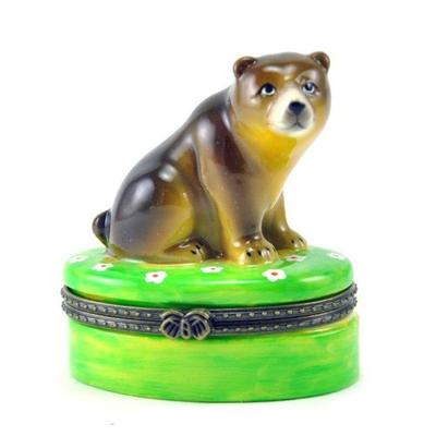 Brown Bear in Field of Wild Flowers Hinged Porcelain Trinket Box - Multi