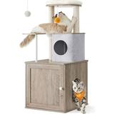 Feandrea Cat Tree with Litter Box Enclosure 2-in-1 Modern Cat Tower for Indoor Cats 46.5-Inch Cat Condo with 2 Scratching Posts Cat Cave Removable Washable Cushions Greige