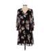 Calvin Klein Casual Dress - A-Line V Neck 3/4 sleeves: Black Floral Dresses - Women's Size 2