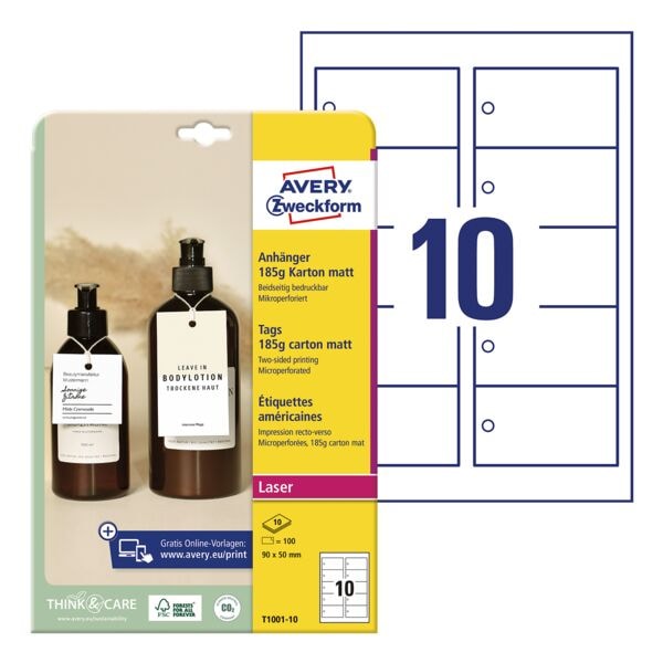 Avery Zweckform 100er-Pack Anhänger »T1001-10« Karton matt 90 x 50 mm weiß weiß