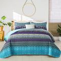 WONGS BEDDING Boho Quilt King Size, Blue Purple Bohemian King Quilt, Lightweight Microfiber Bed Decor Bedspread for All Season 103"x90"(3 Pieces)