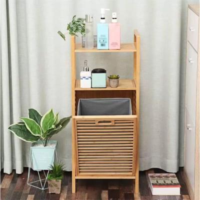 Bamboo tilting laundry basket cabinet Independent ventilated dirty clothes organizer
