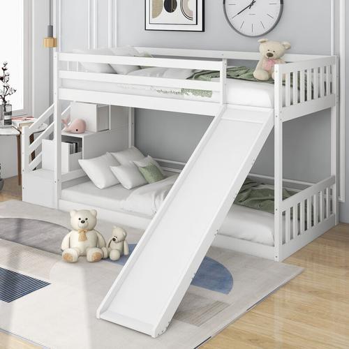 Etagenbett 90x200cm Kinderbett mit Treppe und Rutsche, Hochbett Stockbett Holzbett aus Kiefer, 2