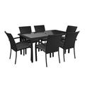Cosco Outdoor 7 Piece Patio Dining Set with 6 Stacking Chairs Black Wicker and Gray Cushion