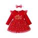 IZhansean Merry Christmas Toddler Baby Girls Tulle Tutu Dress Long Sleeve Letters Print Ruffle Dress+ Headband Xmas Clothes Red 2-3 Years