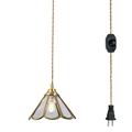 FSLiving Hanging Swag Lamp Pendant Light with 15ft Plug-in UL Dimmable Cord Brass Finished E26 Socket Tiffany Macaron Clear Cone Glass Lamp Nordic Industrial Hanging Lamp Bulbs Not Included - 1 Pack