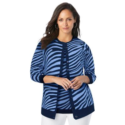 Plus Size Women's Fine Gauge Cardigan by Jessica London in French Blue Zebra (Size 26/28) Sweater