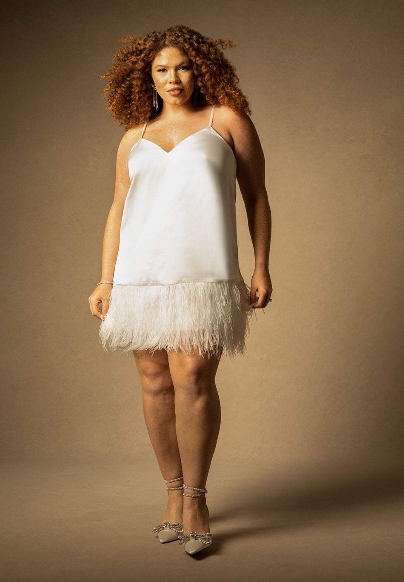 Plus Size Women's Bridal by ELOQUII Feather Hem Slip Dress in Pearl (Size 14)