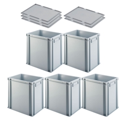 PROREGAL 5x Eurobehälter mit geschlossenem Griff & Auflagedeckel | HxBxT 40x30x40cm | 37 Liter | Grau | Eurobox Image