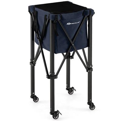 Costway Lightweight Foldable Tennis Ball Teaching Cart with Wheels and Removable Bag-Blue