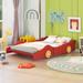 Full Size Race Car-Shaped Platform Bed with Wheels, Wooden Floor Bed Frame with Support Slats, for Kids Boys Girls Teens, Red