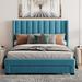 Queen Size Velvet Upholstered Platform Bed with A Big Drawer, Wood Storage Bed Frame w/High Wingback, No Box Spring Needed, Blue