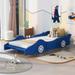 Twin Size Race Car-Shaped Platform Bed with Wheels, Wooden Floor Bed Frame with Support Slats, for Kids Boys Girls Teens, Blue