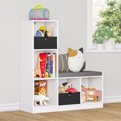 RiverRidge Kids Cubby Storage Organizer Bench with 5 Toy Storage Shelves and Cushioned Seat for Playroom Storage - White