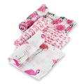 LollyBanks 100% Cotton Muslin Swaddle Blanket Set, Pink Flamingo and Flower Patterns | Cute Receiving Blankets for Girl, Pack of 3 Breathable Security Swaddles