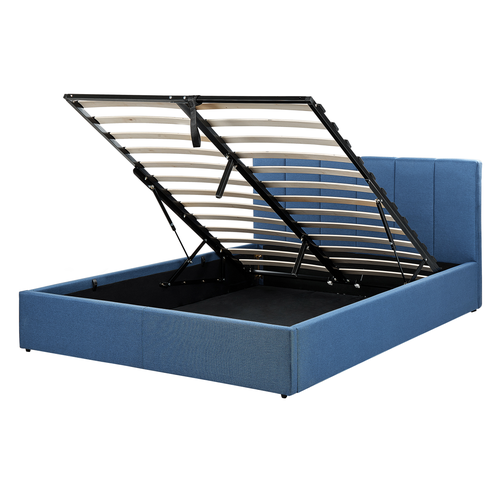 Bett Blau Stoffbezug mit Lattenrost 140 x 200 cm Hochklappbar Bettkasten Hohes Kopfteil Modern Schlafzimmer Möbel Ausstattung Doppelbett