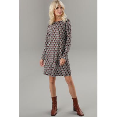 Jerseykleid ANISTON SELECTED, Damen, Gr. 38, N-Gr, bunt (schwarz, sanftes weiß, hellblau, rotbraun), Milano Rib, Obermaterial: 89% Viskose, 9% Polyester, 2% Elasthan, gemustert, bedruckt, modisch, A-Linie kniefrei, Rundhals, Langarm, Kleider, in... Image