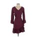 Drew Casual Dress - A-Line V Neck 3/4 sleeves: Burgundy Print Dresses - Women's Size X-Small