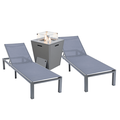 LeisureMod Marlin Modern Grey Aluminum Outdoor Patio Chaise Lounge Chair Set of 2 with Square Fire Pit Side Table Perfect for Patio Lawn and Garden (Dark )