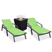 LeisureMod Marlin Modern Black Aluminum Outdoor Patio Chaise Lounge Chair With Arms Set of 2 with Square Fire Pit Side Table Perfect for Patio Lawn and Garden (Green)
