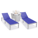 LeisureMod Marlin Modern White Aluminum Outdoor Patio Chaise Lounge Chair Set of 2 with Square Fire Pit Side Table Perfect for Patio Lawn and Garden (Navy Blue)
