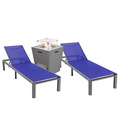 LeisureMod Marlin Modern Grey Aluminum Outdoor Patio Chaise Lounge Chair Set of 2 with Square Fire Pit Side Table Perfect for Patio Lawn and Garden (Navy Blue)