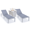 LeisureMod Marlin Modern White Aluminum Outdoor Patio Chaise Lounge Chair Set of 2 with Square Fire Pit Side Table Perfect for Patio Lawn and Garden (Dark Grey)